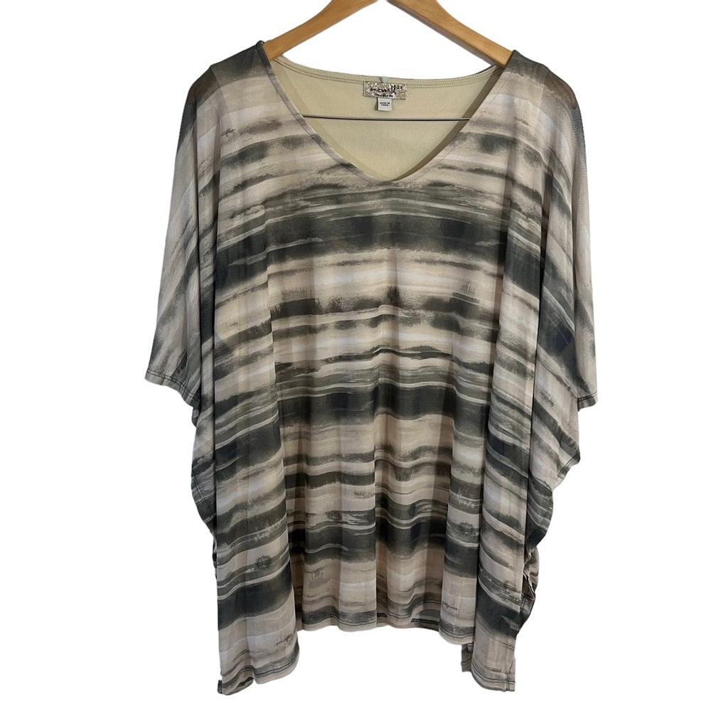 One World Blouse 2X Earth Tones Watercolor Stripes Mesh Overlay Flowy Relaxed